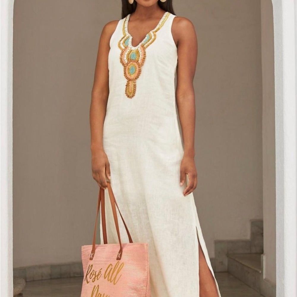 Boston Proper linen embellished maxi dress NWT